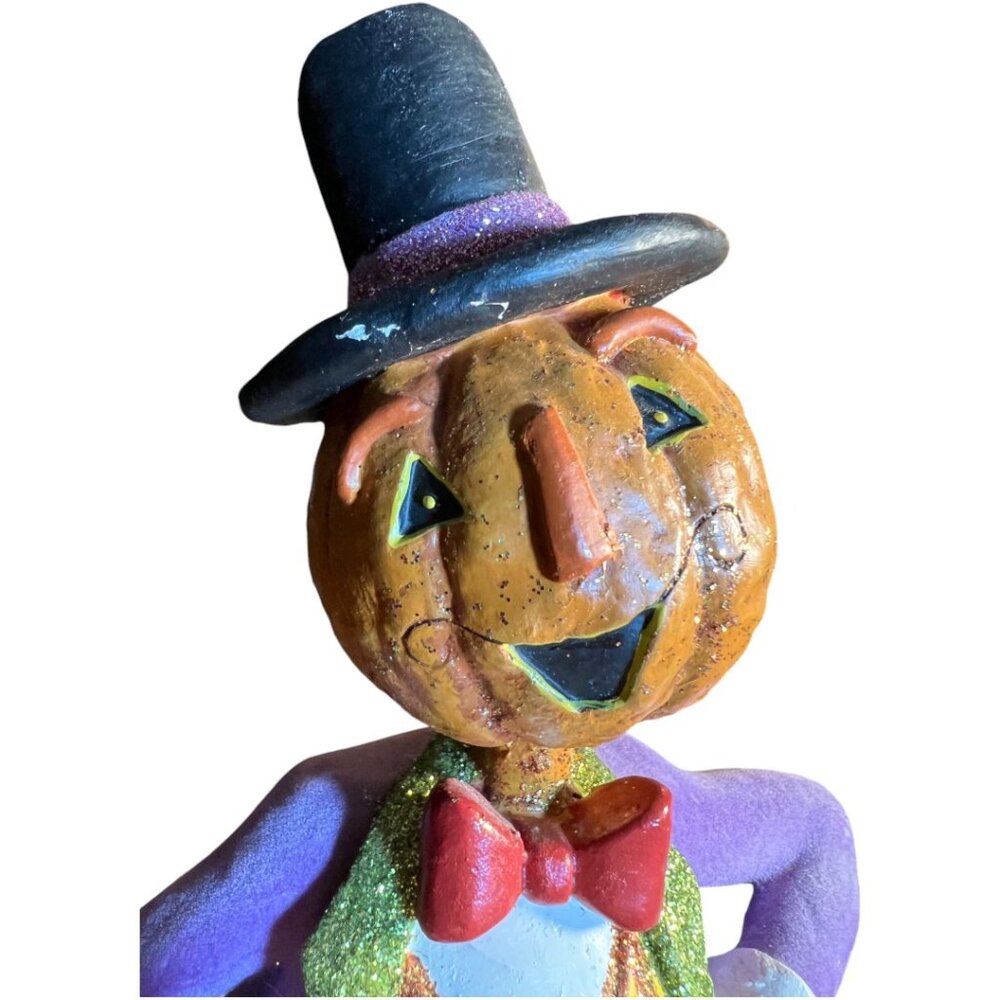 Folk Art Pumpkin Figurine in Flocked Suit Halloween Whimsical 15" tall x 6" wide - Picture 4 of 14